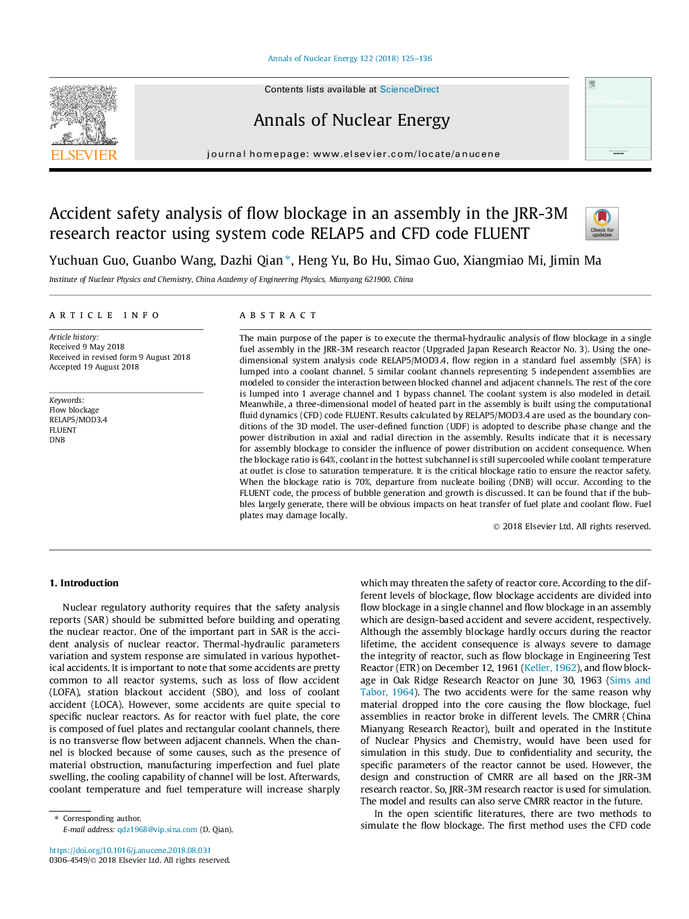 Accident safety analysis of flow blockage in an assembly in the JRR-3M research reactor using system code RELAP5 and CFD code FLUENT