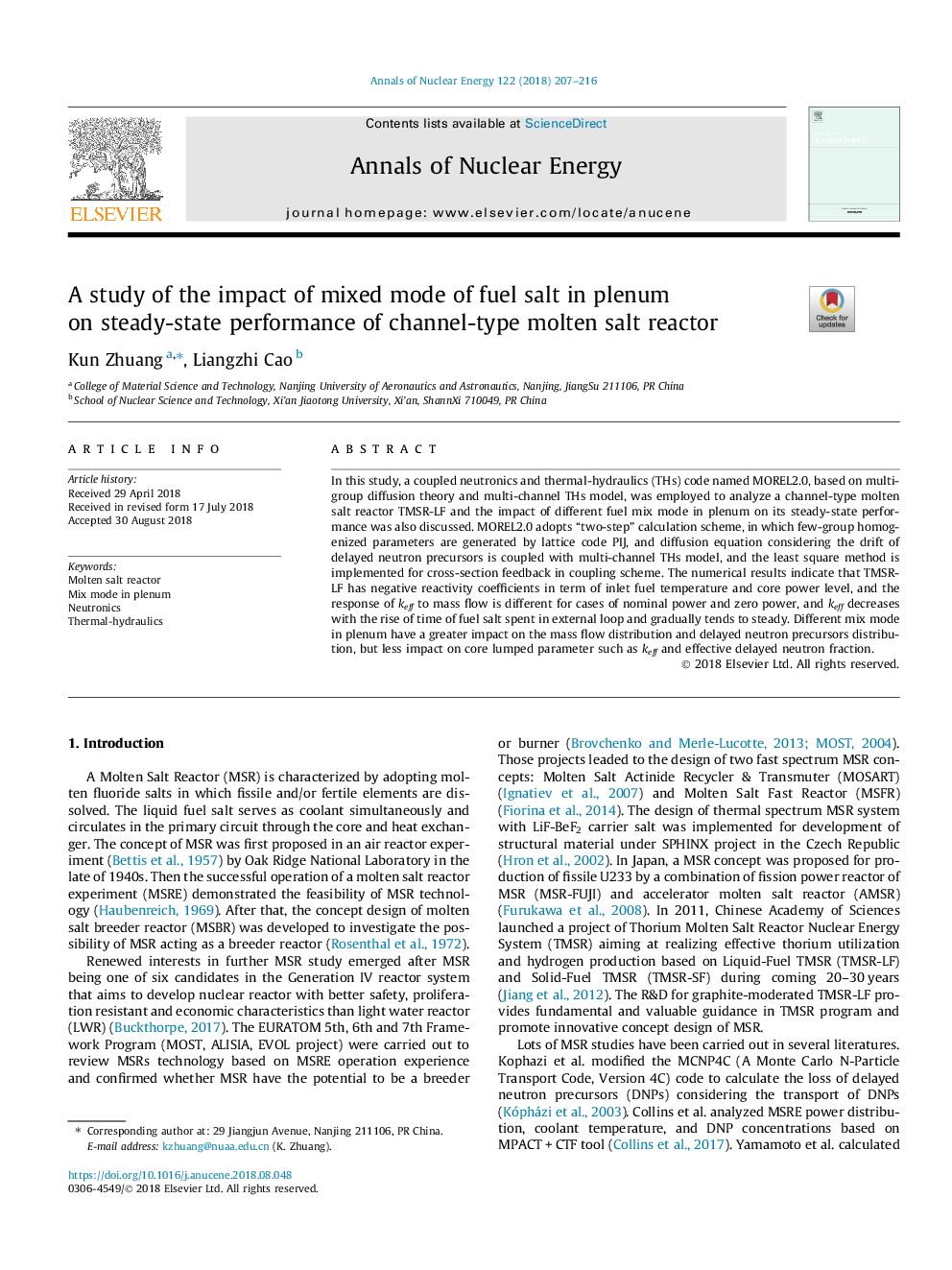 A study of the impact of mixed mode of fuel salt in plenum on steady-state performance of channel-type molten salt reactor