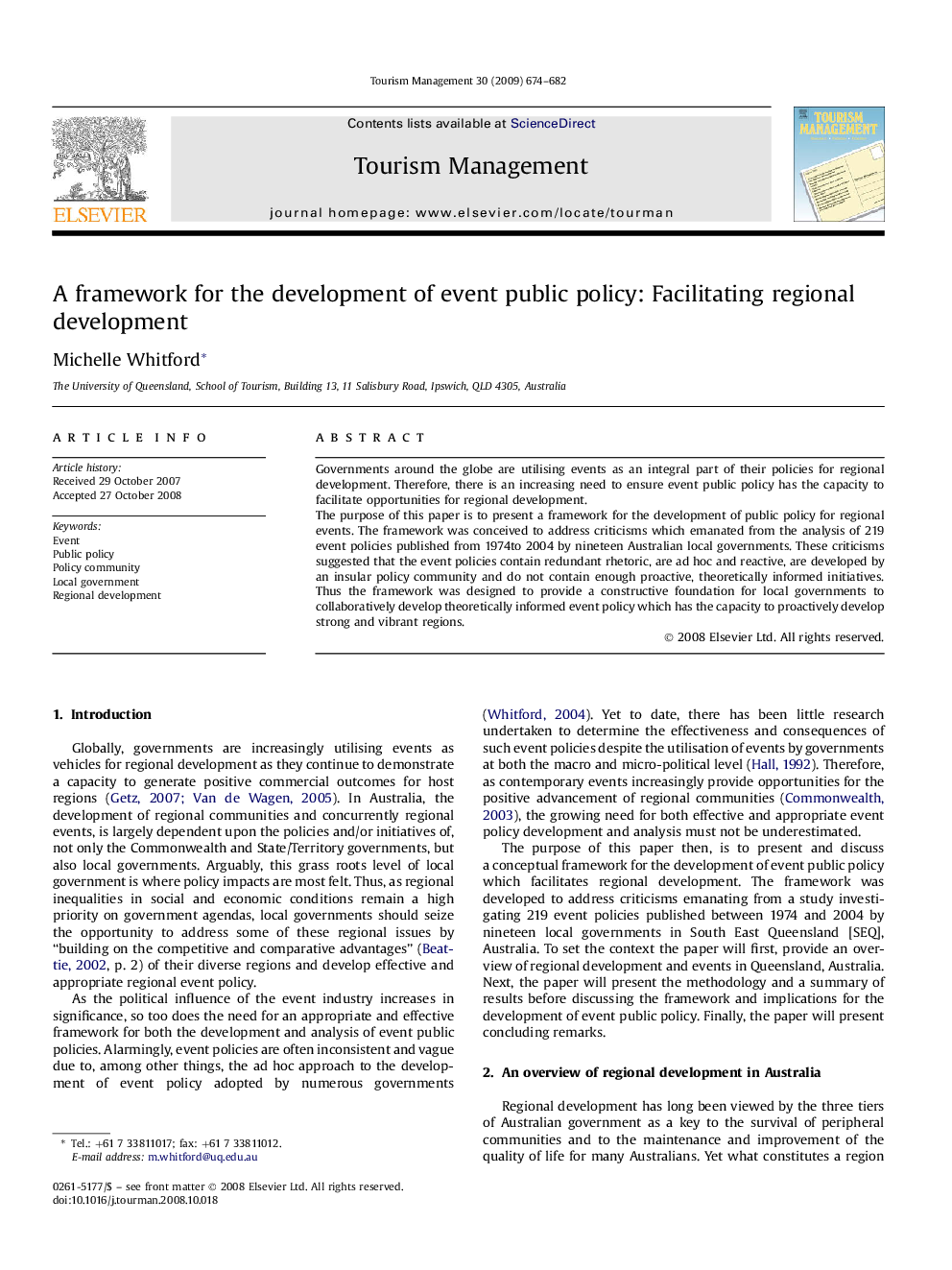 A framework for the development of event public policy: Facilitating regional development