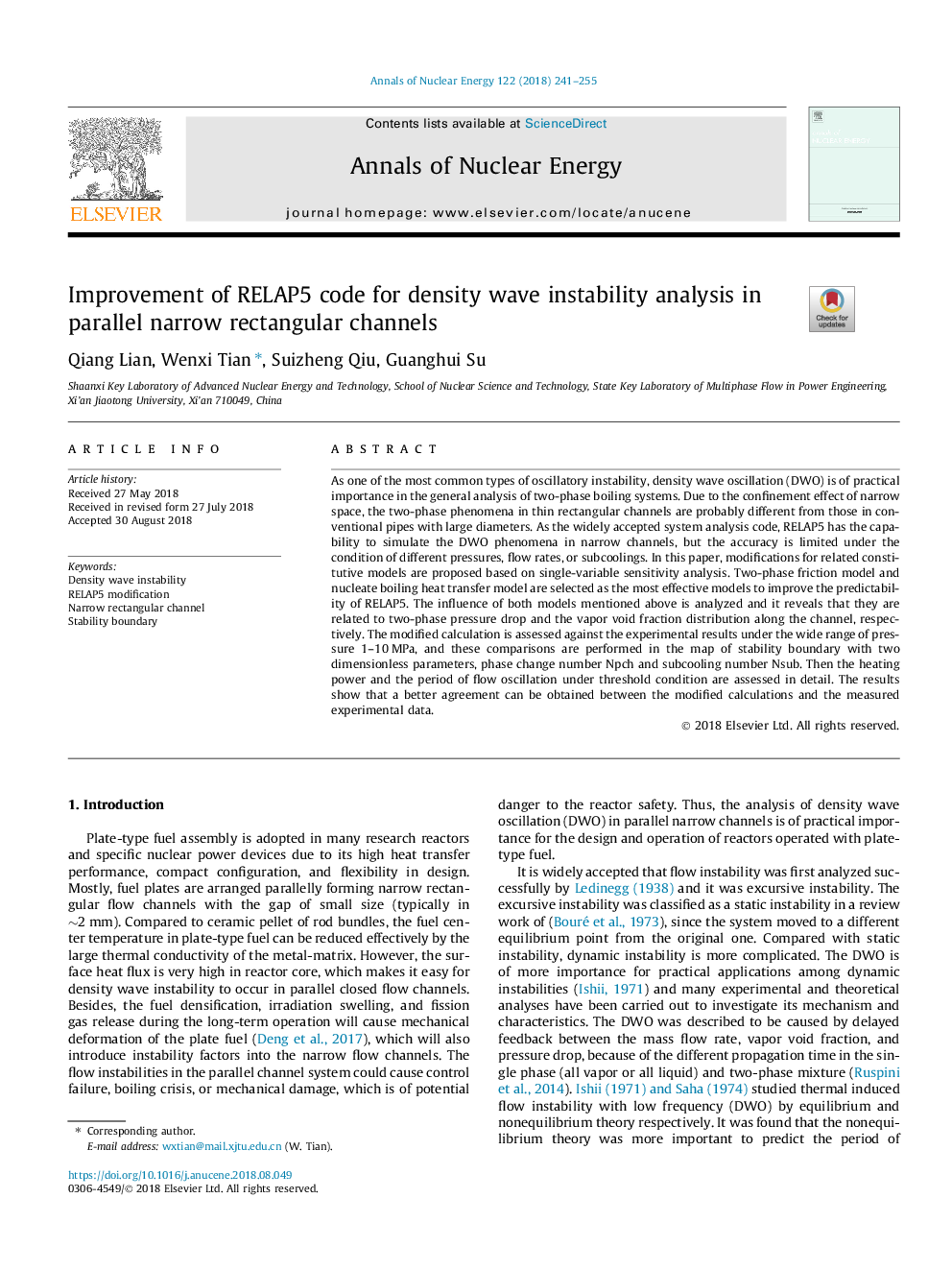 Improvement of RELAP5 code for density wave instability analysis in parallel narrow rectangular channels