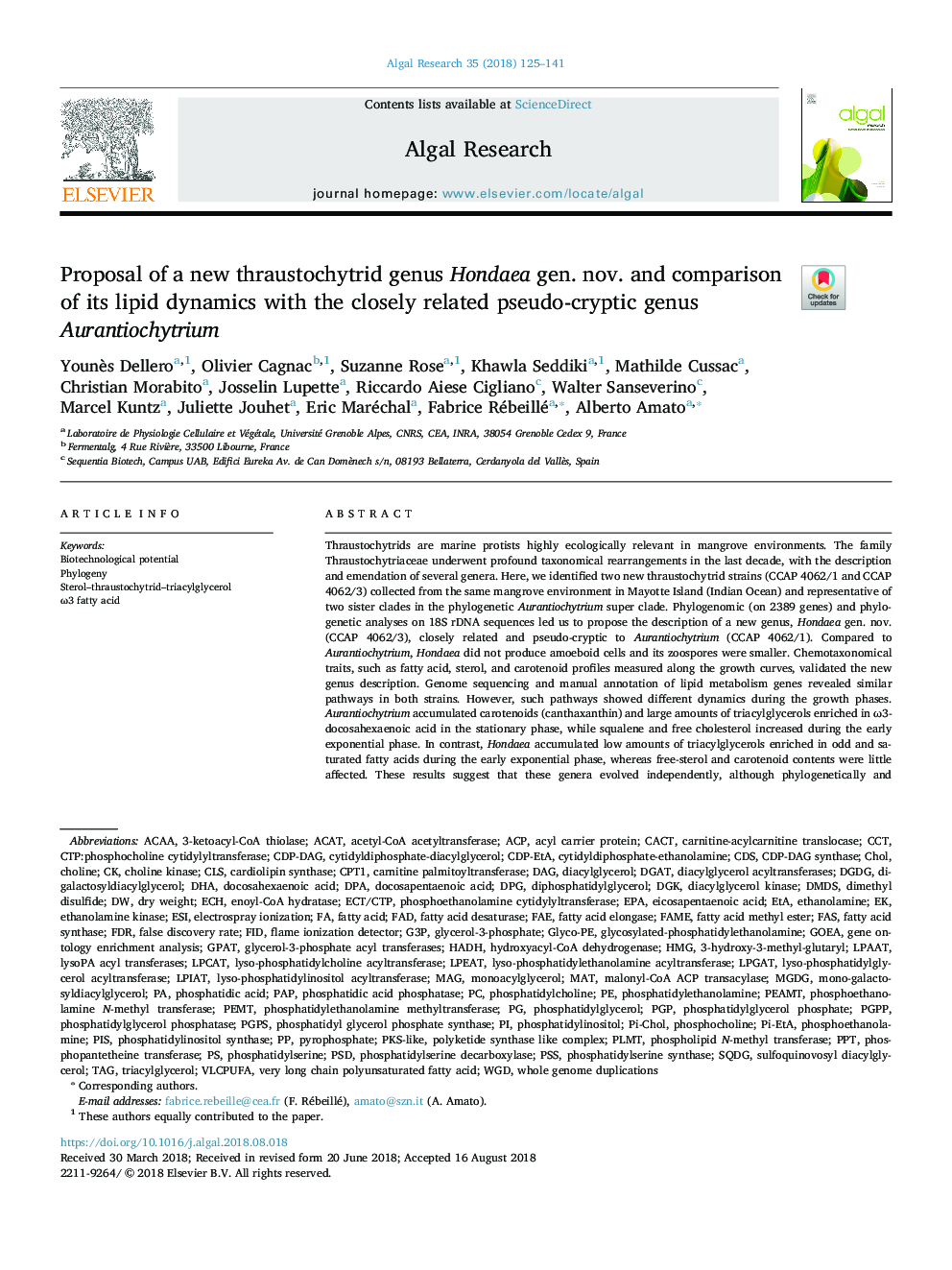 Proposal of a new thraustochytrid genus Hondaea gen. nov. and comparison of its lipid dynamics with the closely related pseudo-cryptic genus Aurantiochytrium