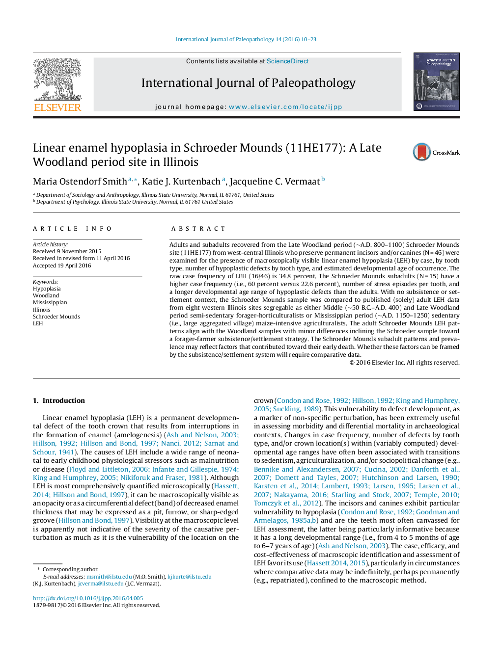 Linear enamel hypoplasia in Schroeder Mounds (11HE177): A Late Woodland period site in Illinois