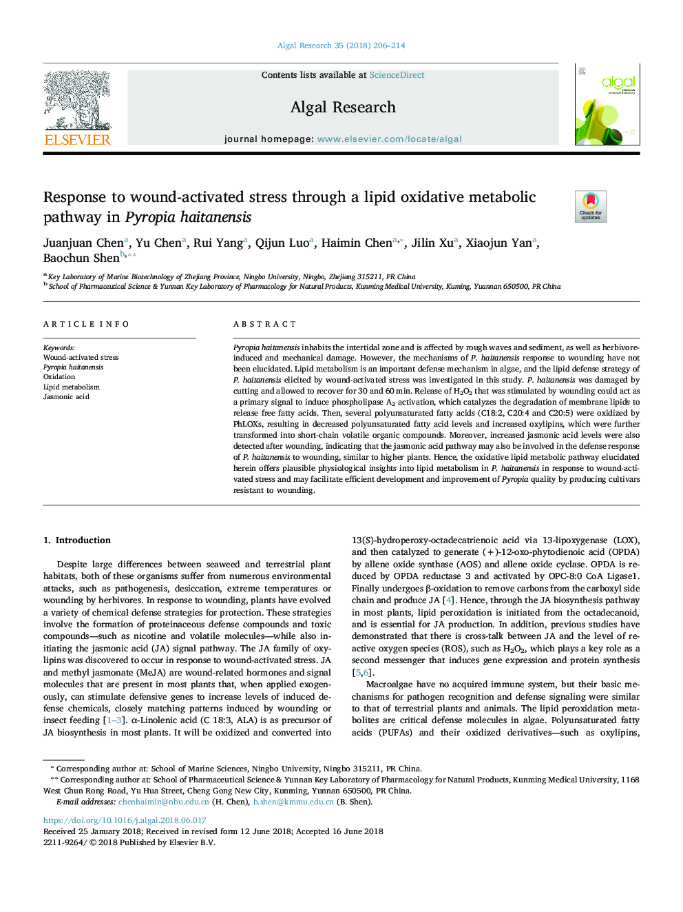 Response to wound-activated stress through a lipid oxidative metabolic pathway in Pyropia haitanensis