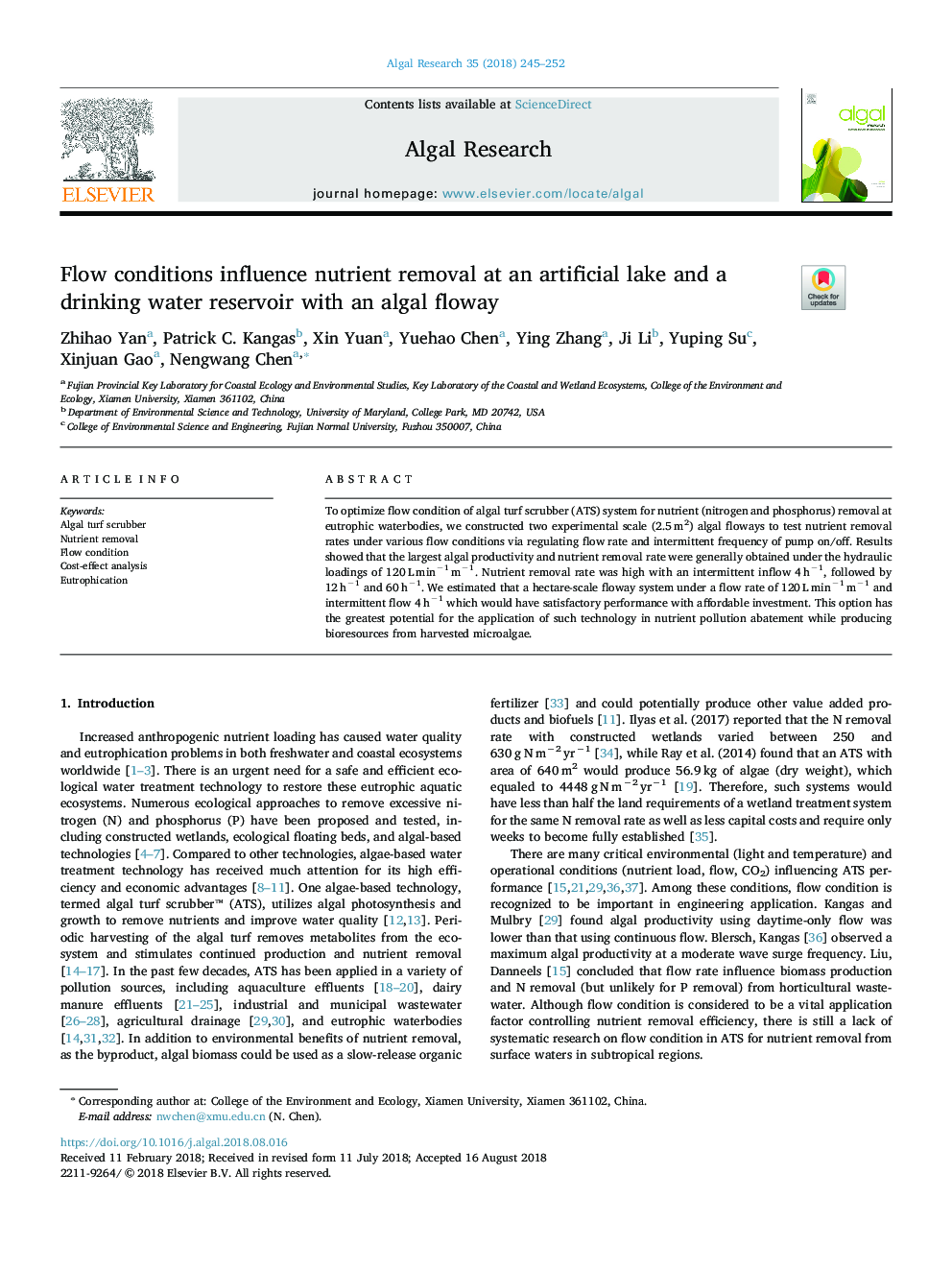 Flow conditions influence nutrient removal at an artificial lake and a drinking water reservoir with an algal floway