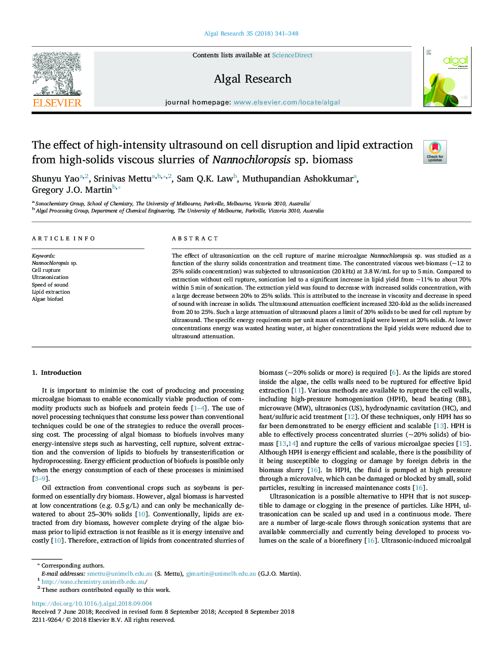 The effect of high-intensity ultrasound on cell disruption and lipid extraction from high-solids viscous slurries of Nannochloropsis sp. biomass