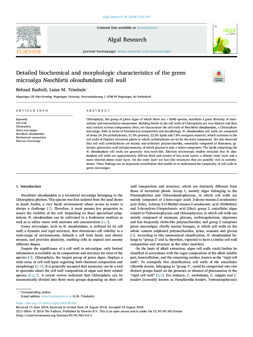 Detailed biochemical and morphologic characteristics of the green microalga Neochloris oleoabundans cell wall