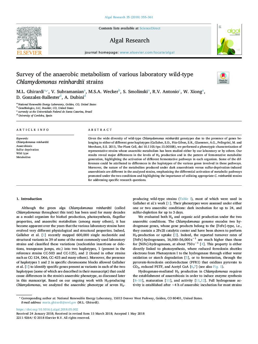 Survey of the anaerobic metabolism of various laboratory wild-type Chlamydomonas reinhardtii strains