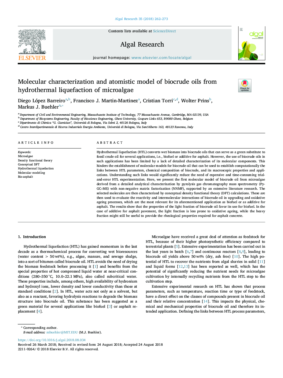 Molecular characterization and atomistic model of biocrude oils from hydrothermal liquefaction of microalgae