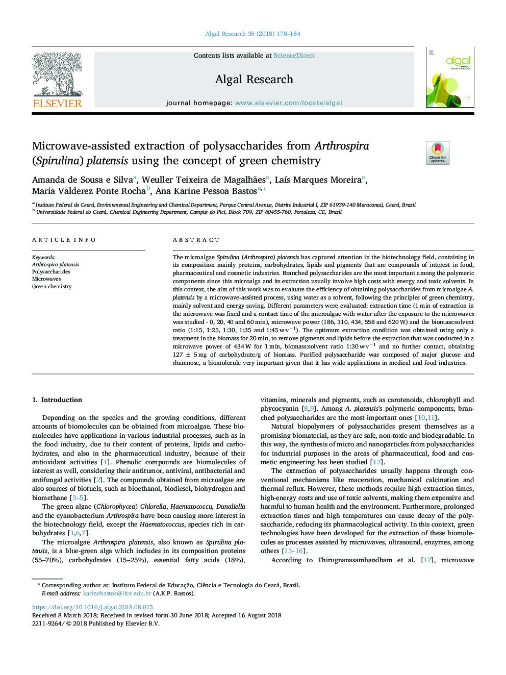 Microwave-assisted extraction of polysaccharides from Arthrospira (Spirulina) platensis using the concept of green chemistry