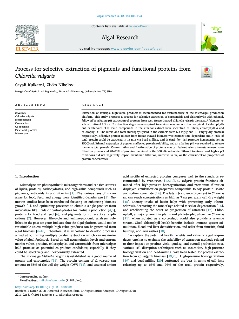 Process for selective extraction of pigments and functional proteins from Chlorella vulgaris