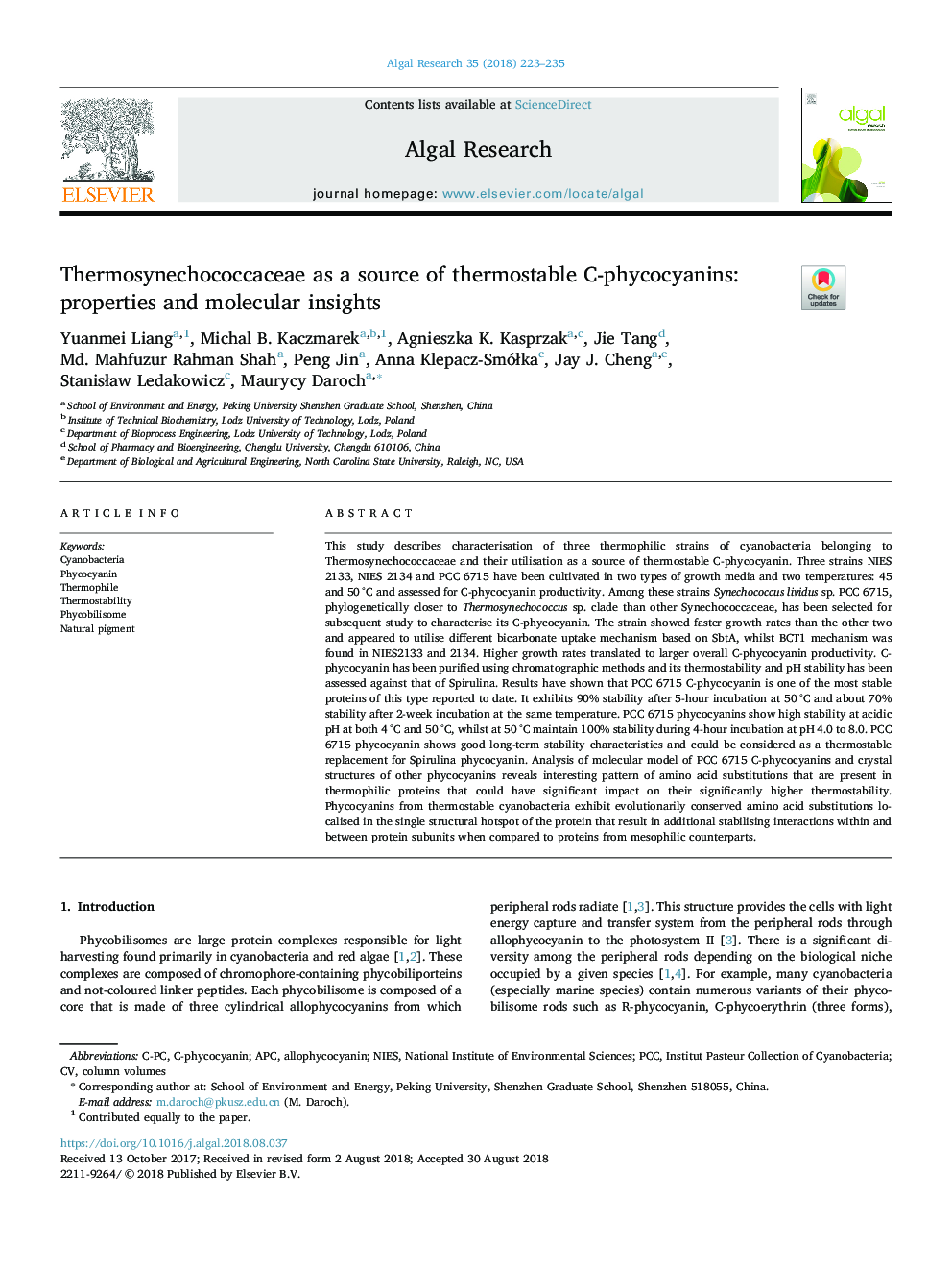 Thermosynechococcaceae as a source of thermostable C-phycocyanins: properties and molecular insights