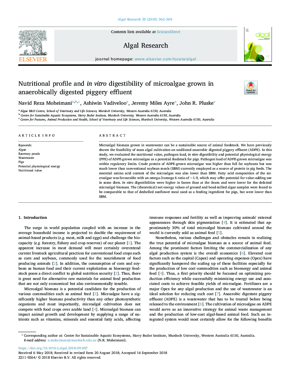 Nutritional profile and in vitro digestibility of microalgae grown in anaerobically digested piggery effluent