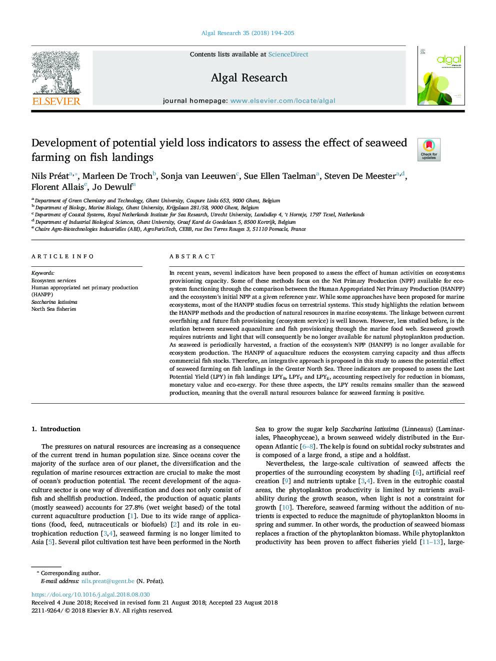 Development of potential yield loss indicators to assess the effect of seaweed farming on fish landings