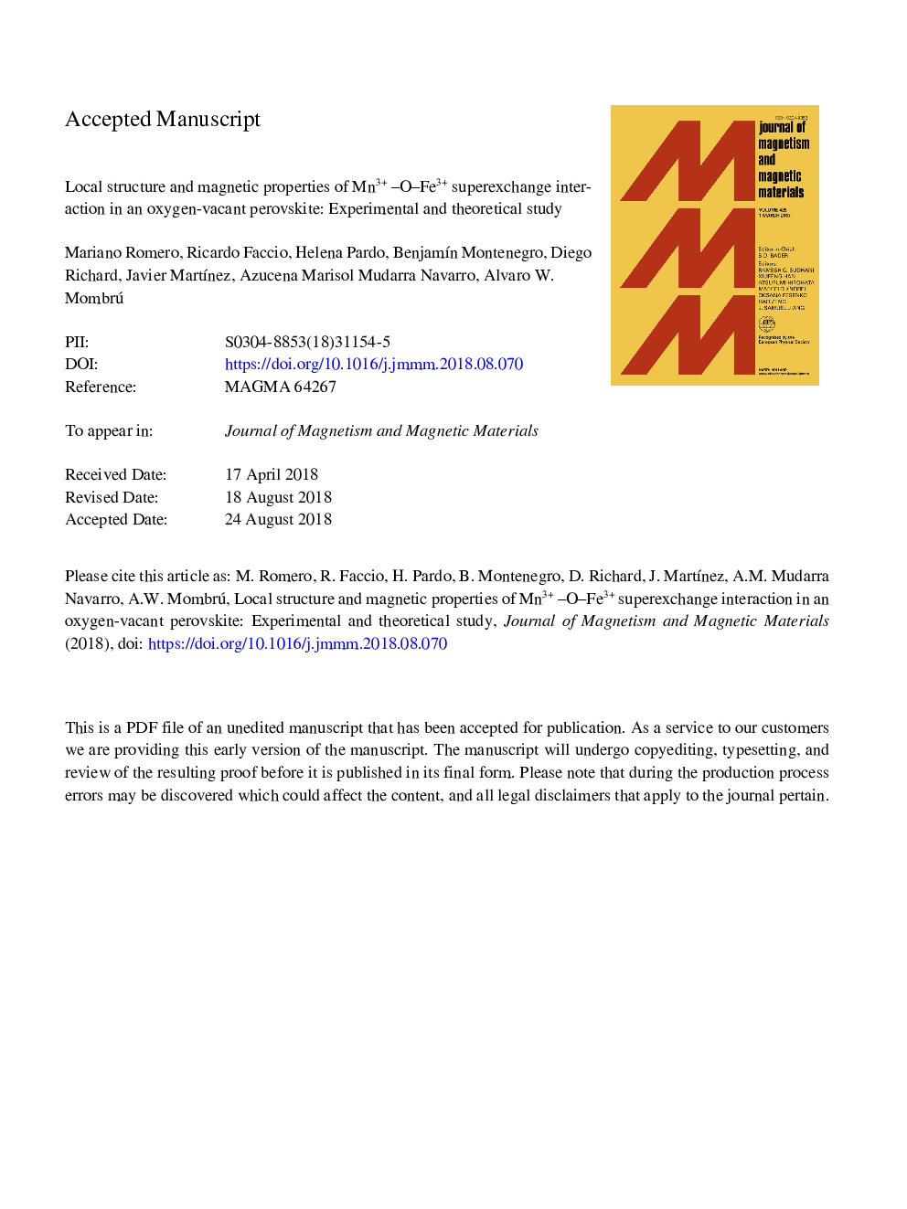 Local structure and magnetic properties of Mn3+-O-Fe3+ superexchange interaction in an oxygen-vacant perovskite: Experimental and theoretical study