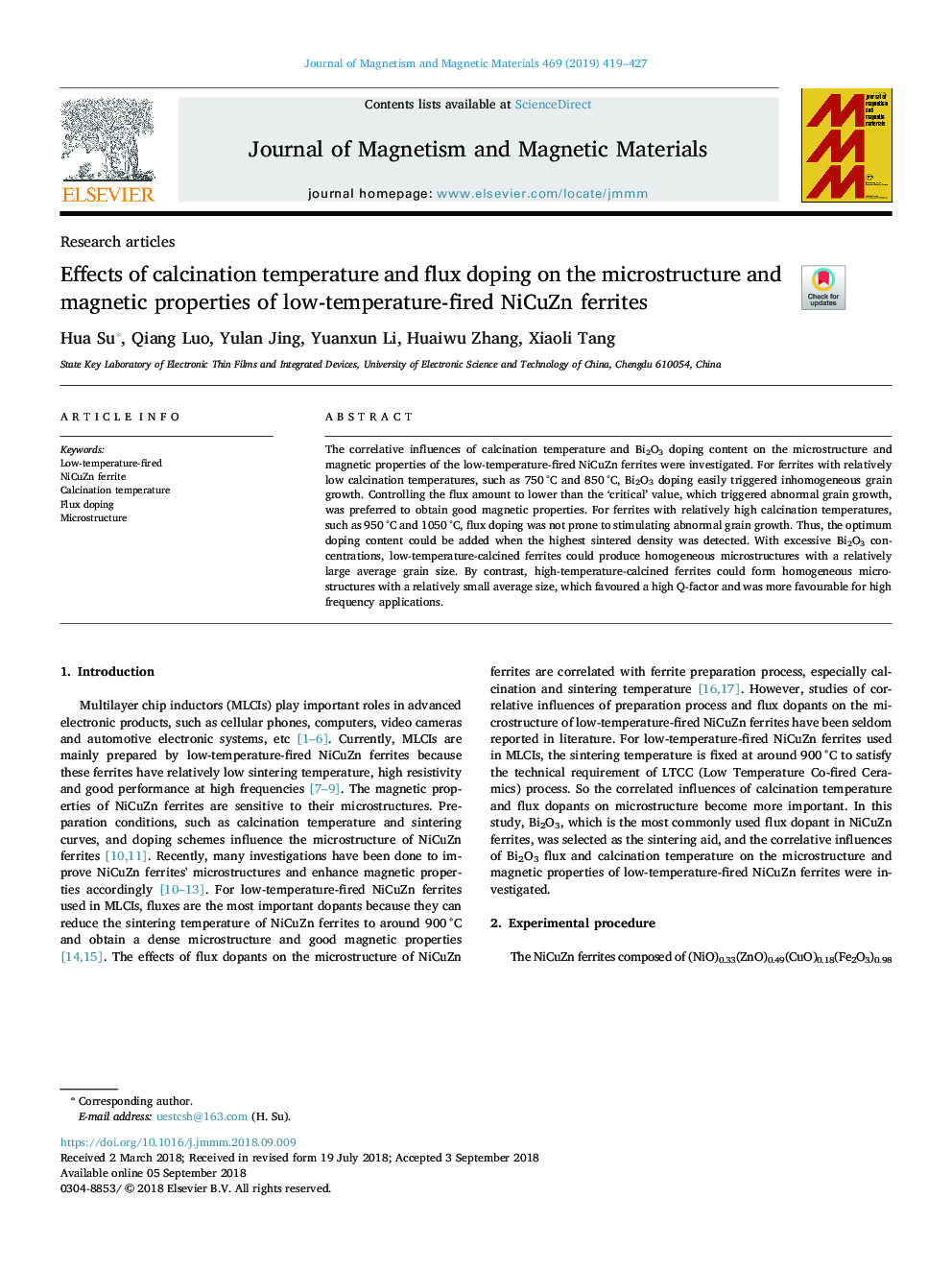 Effects of calcination temperature and flux doping on the microstructure and magnetic properties of low-temperature-fired NiCuZn ferrites