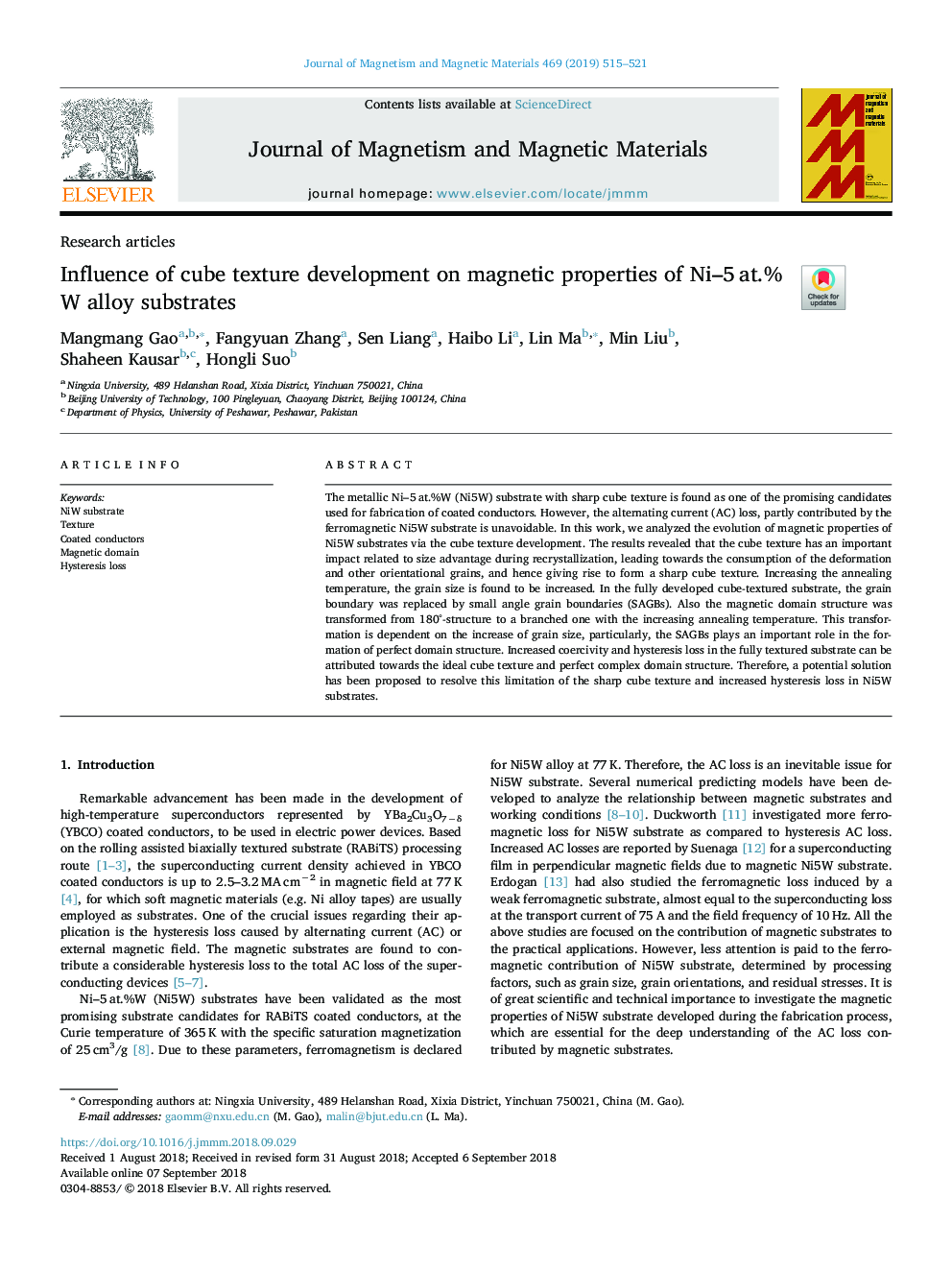 Influence of cube texture development on magnetic properties of Ni-5â¯at.%W alloy substrates