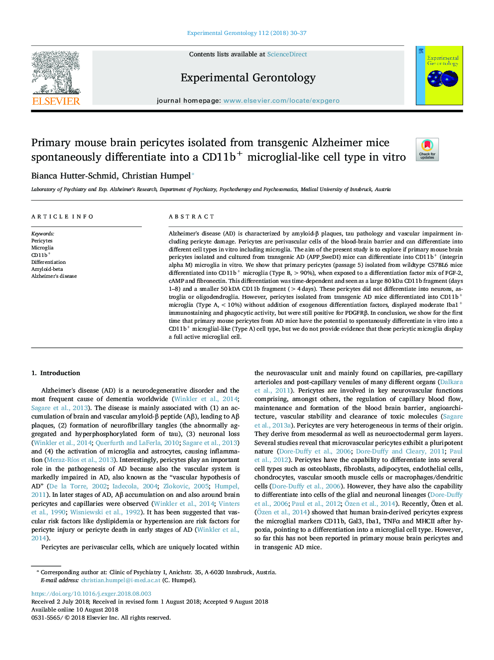 Primary mouse brain pericytes isolated from transgenic Alzheimer mice spontaneously differentiate into a CD11b+ microglial-like cell type in vitro