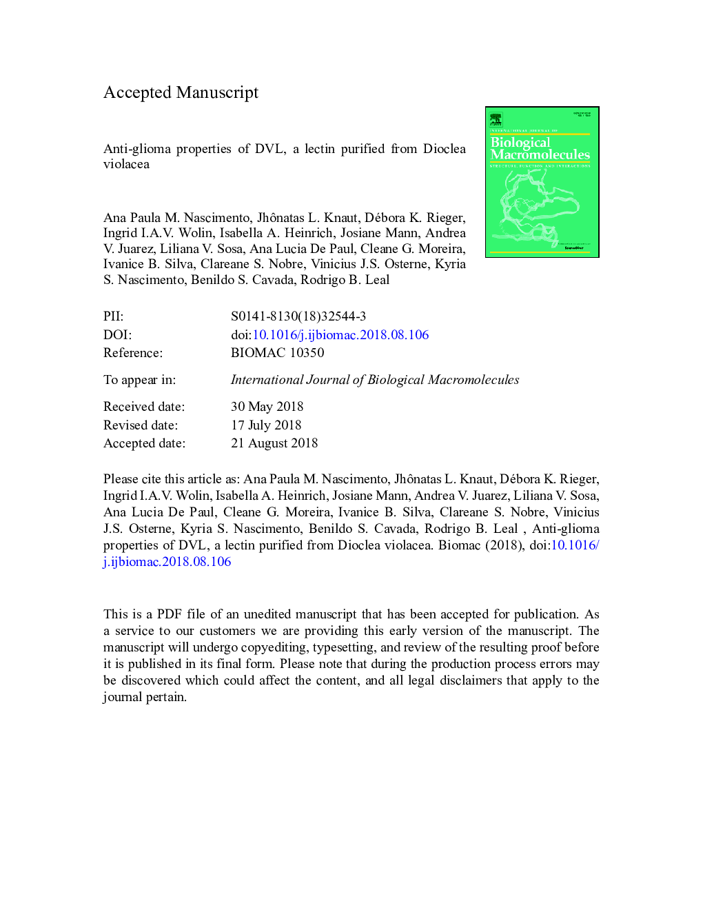 Anti-glioma properties of DVL, a lectin purified from Dioclea violacea