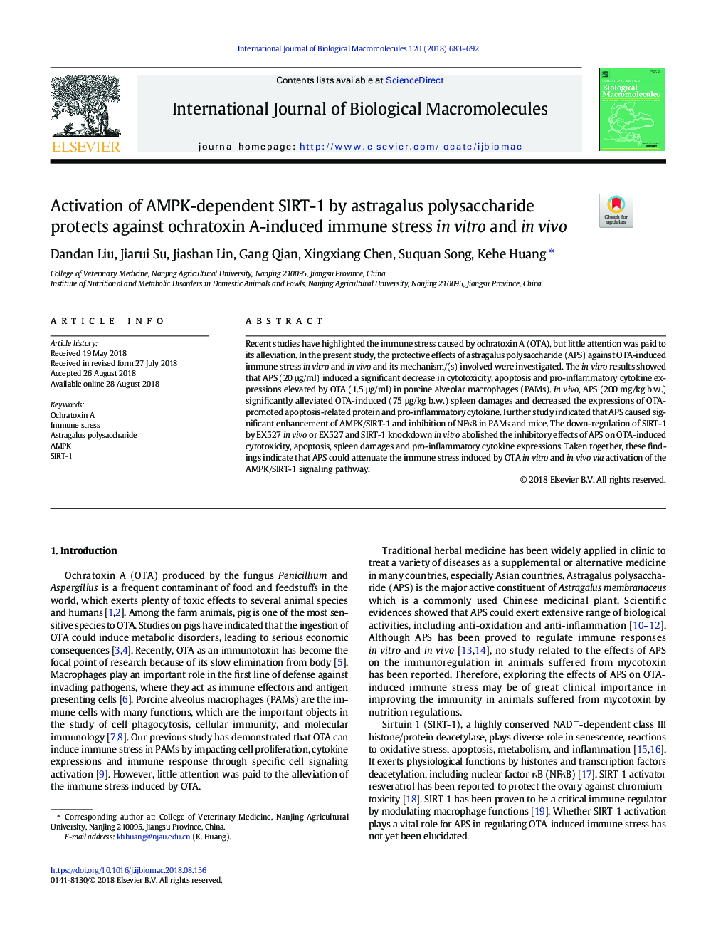 Activation of AMPK-dependent SIRT-1 by astragalus polysaccharide protects against ochratoxin A-induced immune stress in vitro and in vivo