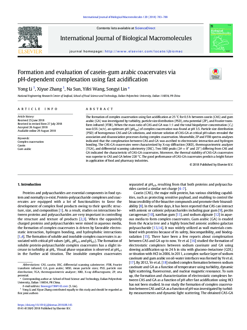 Formation and evaluation of casein-gum arabic coacervates via pH-dependent complexation using fast acidification