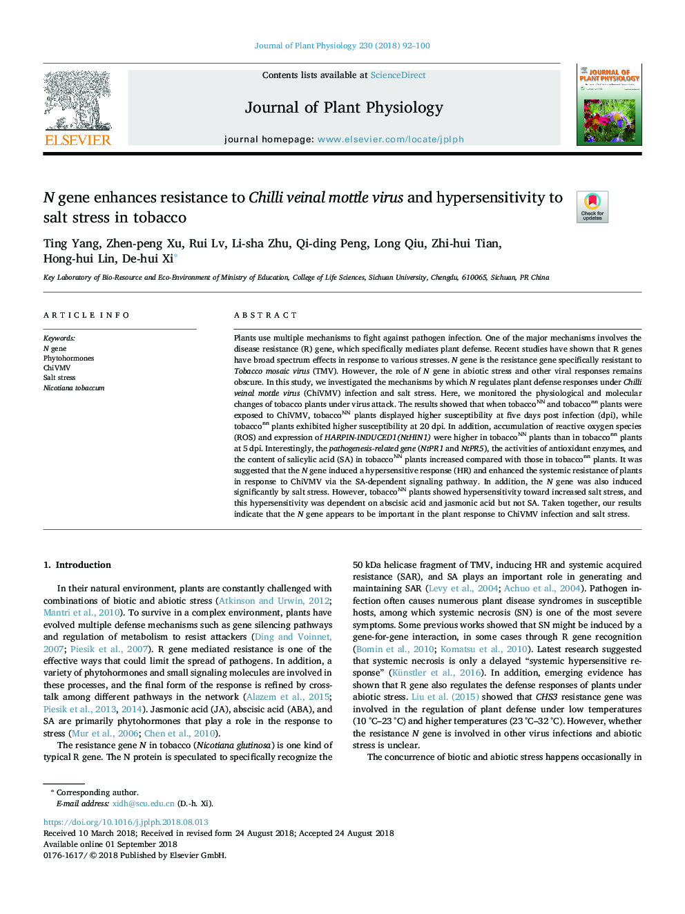 N gene enhances resistance to Chilli veinal mottle virus and hypersensitivity to salt stress in tobacco