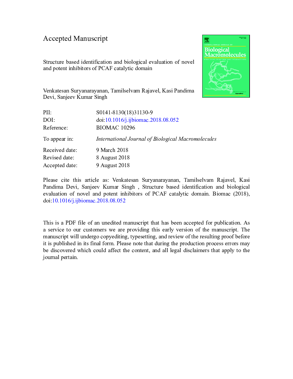 Structure based identification and biological evaluation of novel and potent inhibitors of PCAF catalytic domain