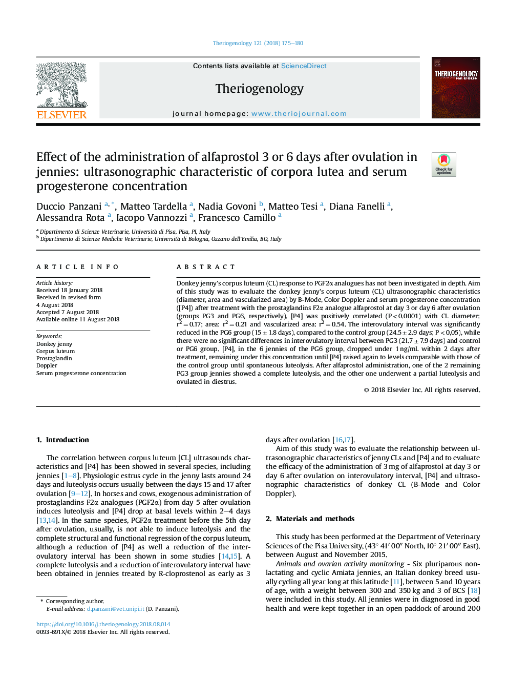 Effect of the administration of alfaprostol 3 or 6 days after ovulation in jennies: ultrasonographic characteristic of corpora lutea and serum progesterone concentration