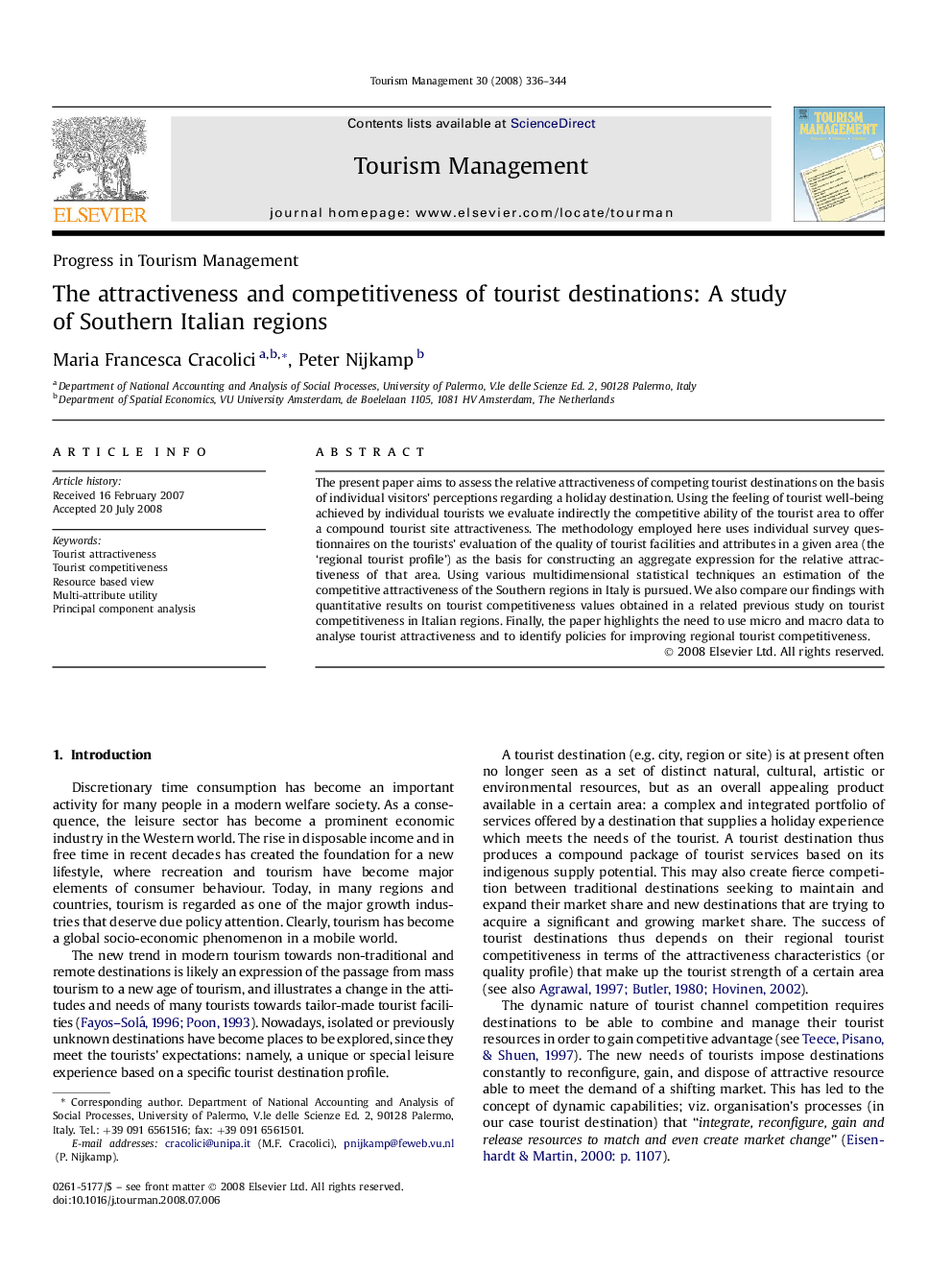 The attractiveness and competitiveness of tourist destinations: A study of Southern Italian regions