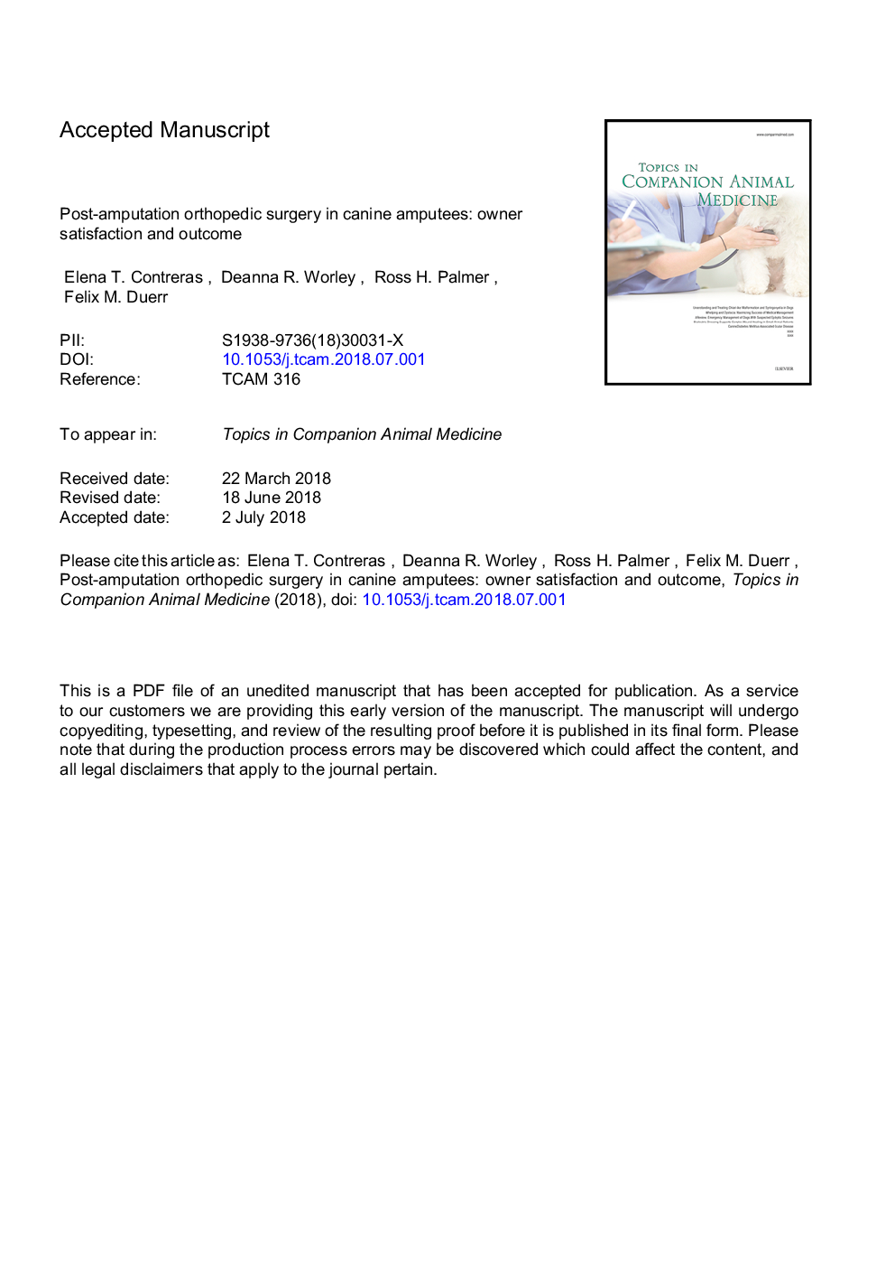 Postamputation Orthopedic Surgery in Canine Amputees: Owner Satisfaction and Outcome