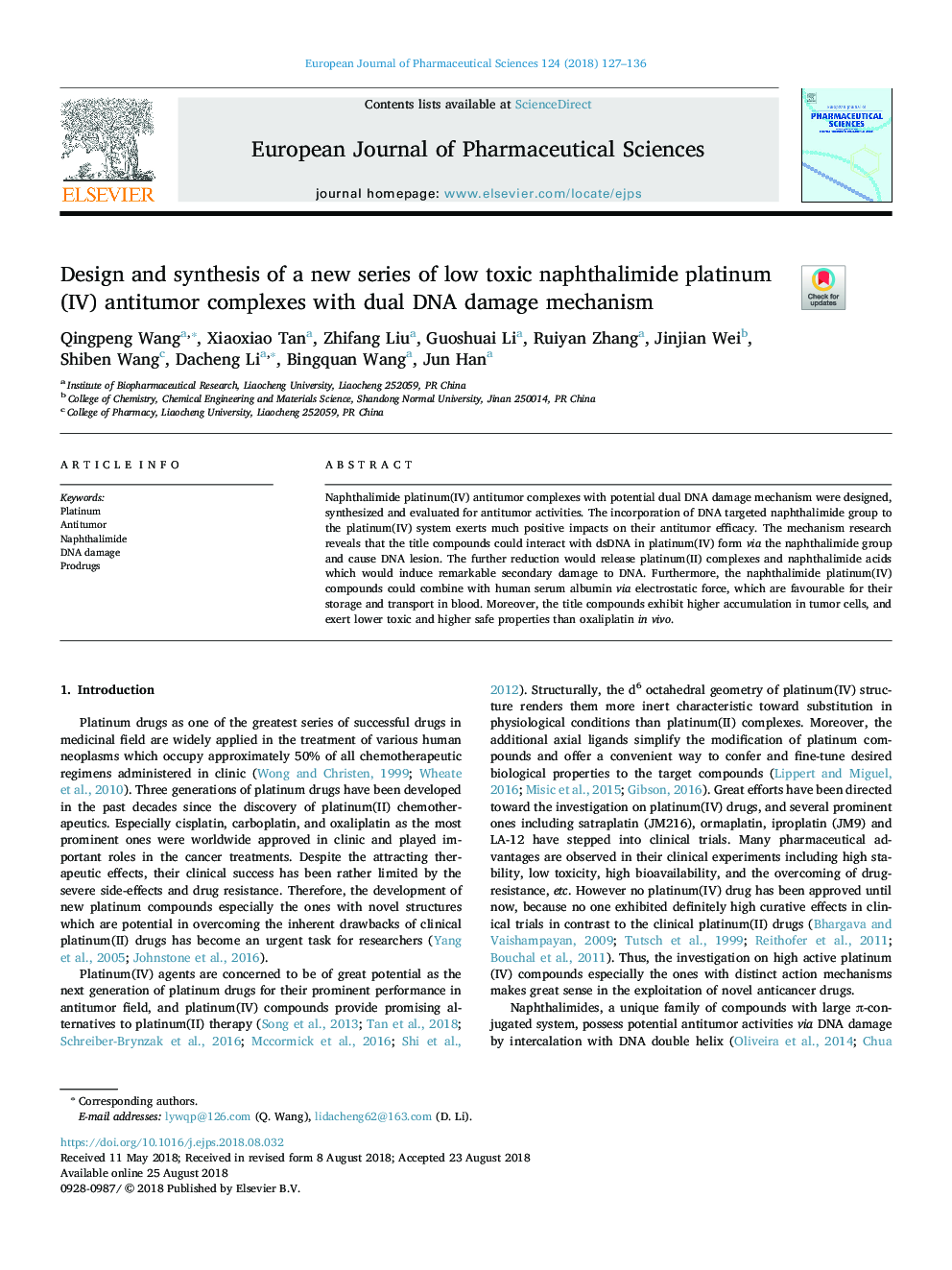 Design and synthesis of a new series of low toxic naphthalimide platinum(IV) antitumor complexes with dual DNA damage mechanism