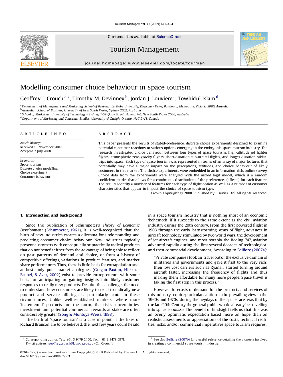 Modelling consumer choice behaviour in space tourism