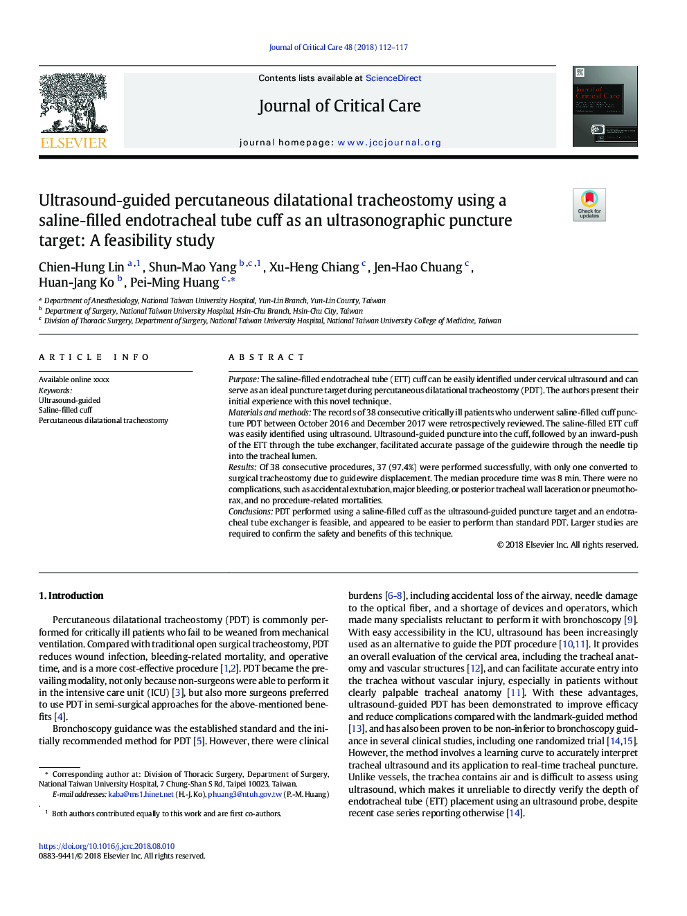 Ultrasound-guided percutaneous dilatational tracheostomy using a saline-filled endotracheal tube cuff as an ultrasonographic puncture target: A feasibility study