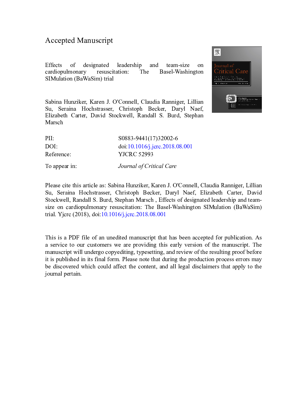 Effects of designated leadership and team-size on cardiopulmonary resuscitation: The Basel-Washington SIMulation (BaWaSim) trial