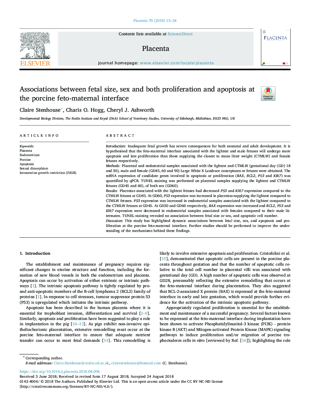 Associations between fetal size, sex and both proliferation and apoptosis at the porcine feto-maternal interface