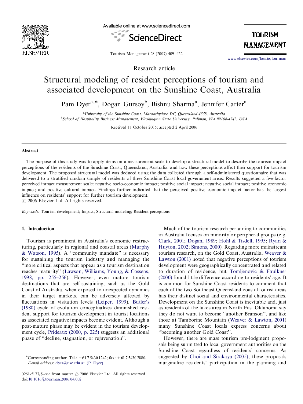 Structural modeling of resident perceptions of tourism and associated development on the Sunshine Coast, Australia