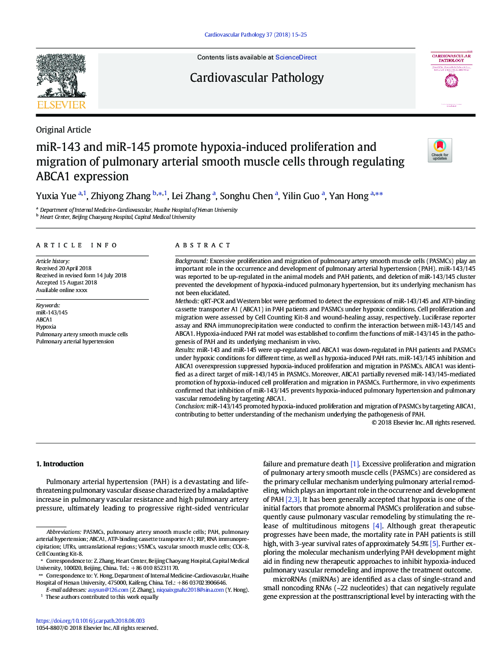 miR-143 and miR-145 promote hypoxia-induced proliferation and migration of pulmonary arterial smooth muscle cells through regulating ABCA1 expression