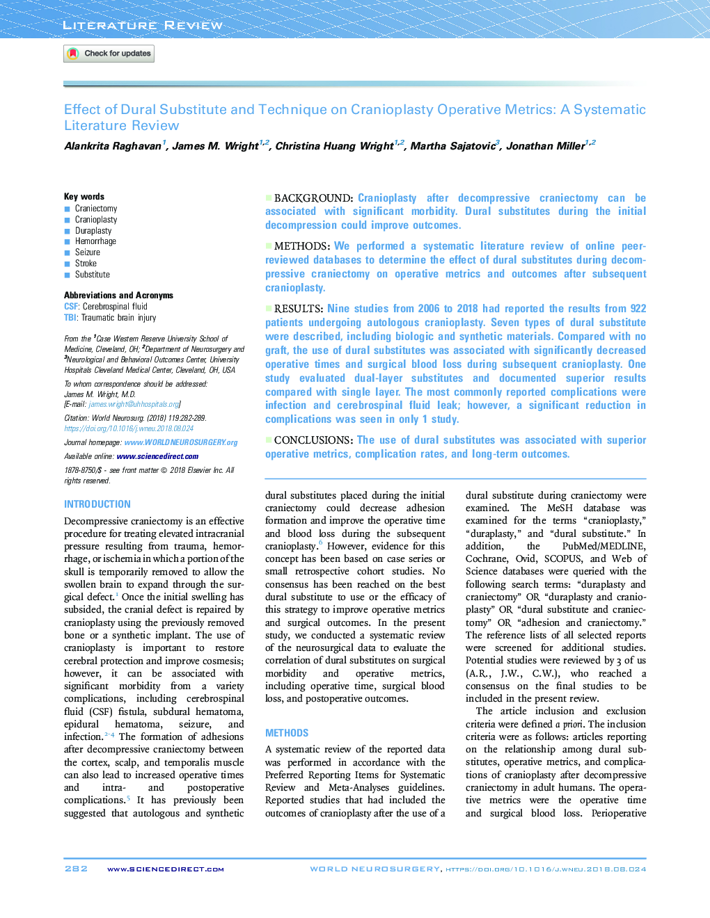 Effect of Dural Substitute and Technique on Cranioplasty Operative Metrics: A Systematic Literature Review