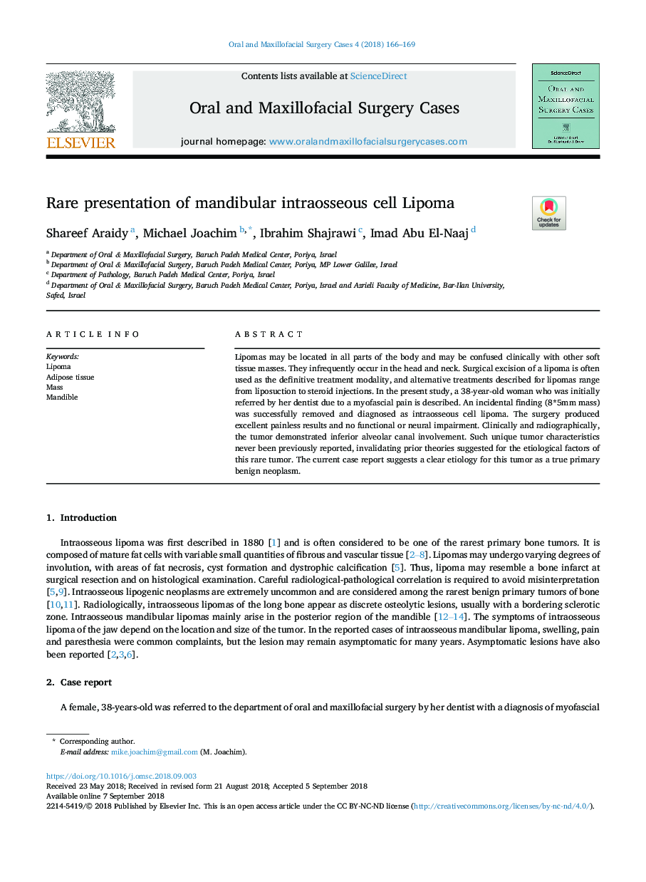 Rare presentation of mandibular intraosseous cell Lipoma