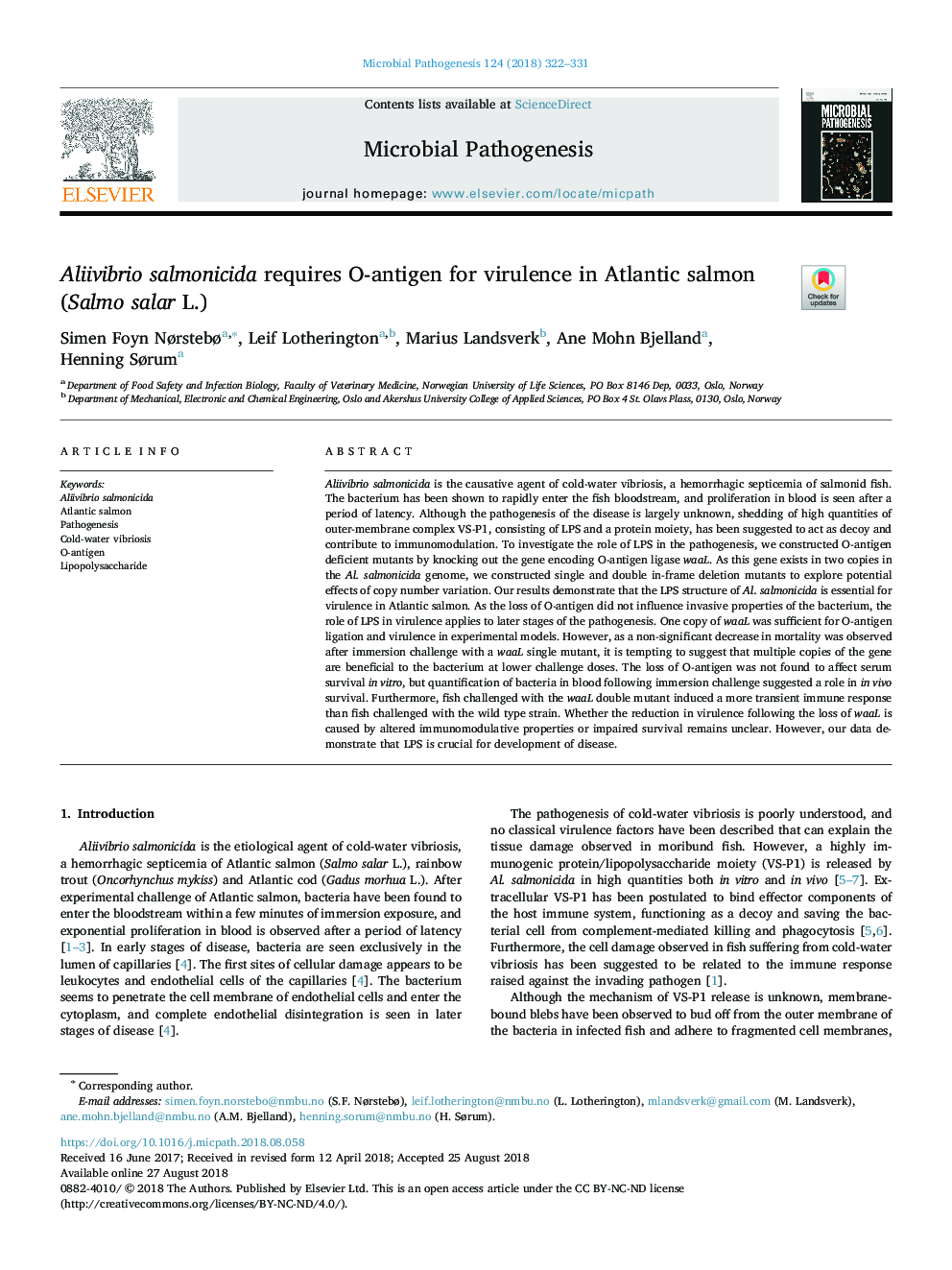 Aliivibrio salmonicida requires O-antigen for virulence in Atlantic salmon (Salmo salar L.)