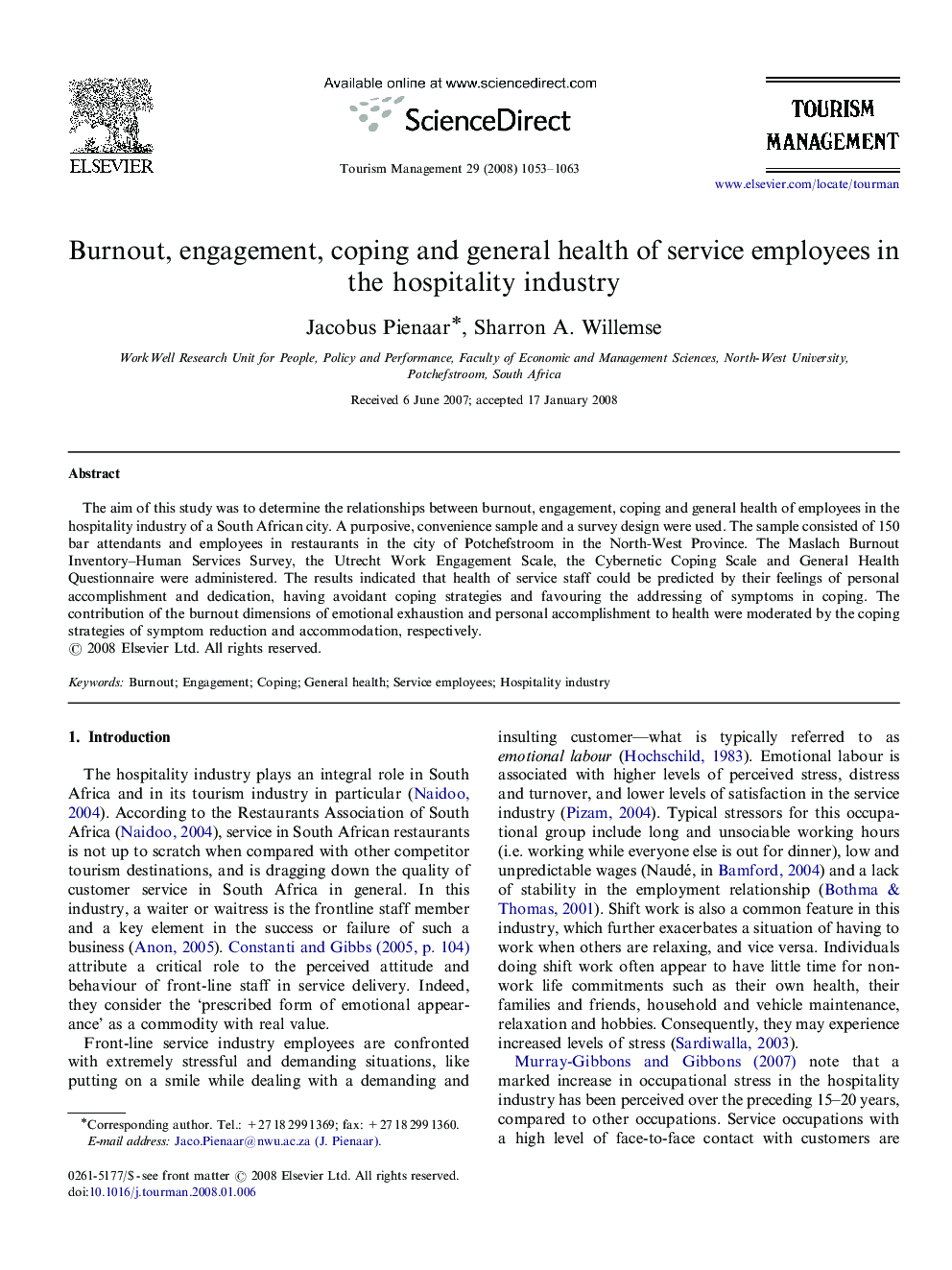 Burnout, engagement, coping and general health of service employees in the hospitality industry