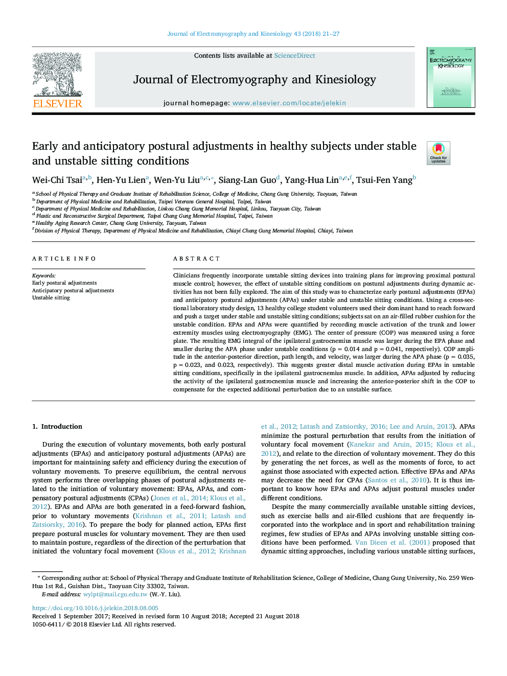 Early and anticipatory postural adjustments in healthy subjects under stable and unstable sitting conditions