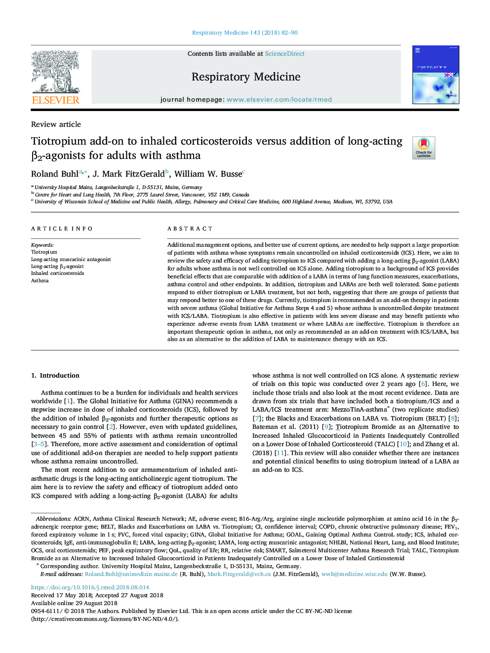 Tiotropium add-on to inhaled corticosteroids versus addition of long-acting Î²2-agonists for adults with asthma