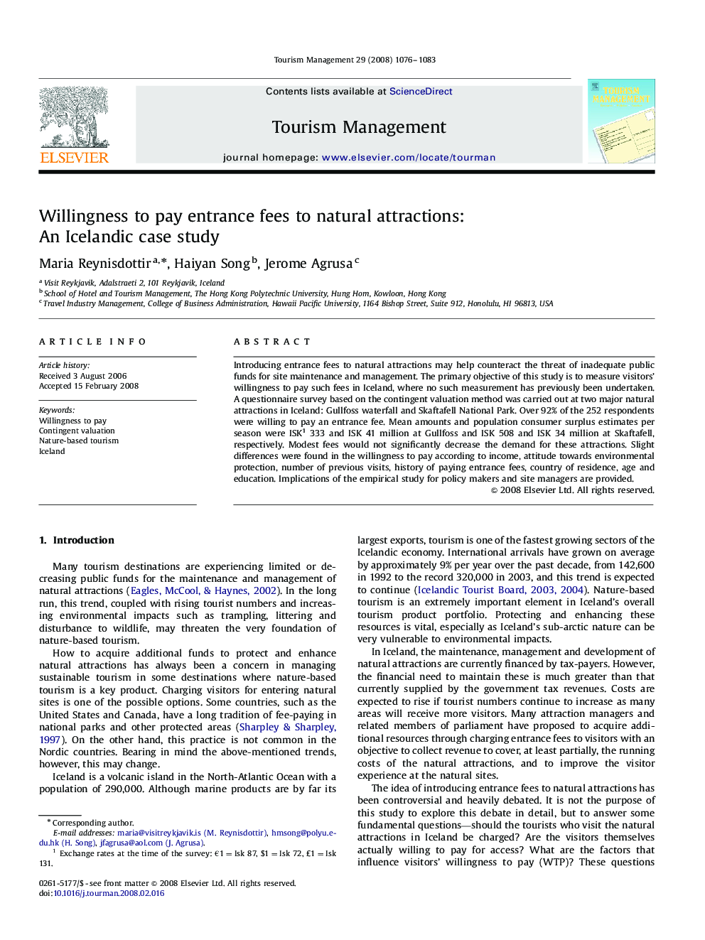 Willingness to pay entrance fees to natural attractions: An Icelandic case study