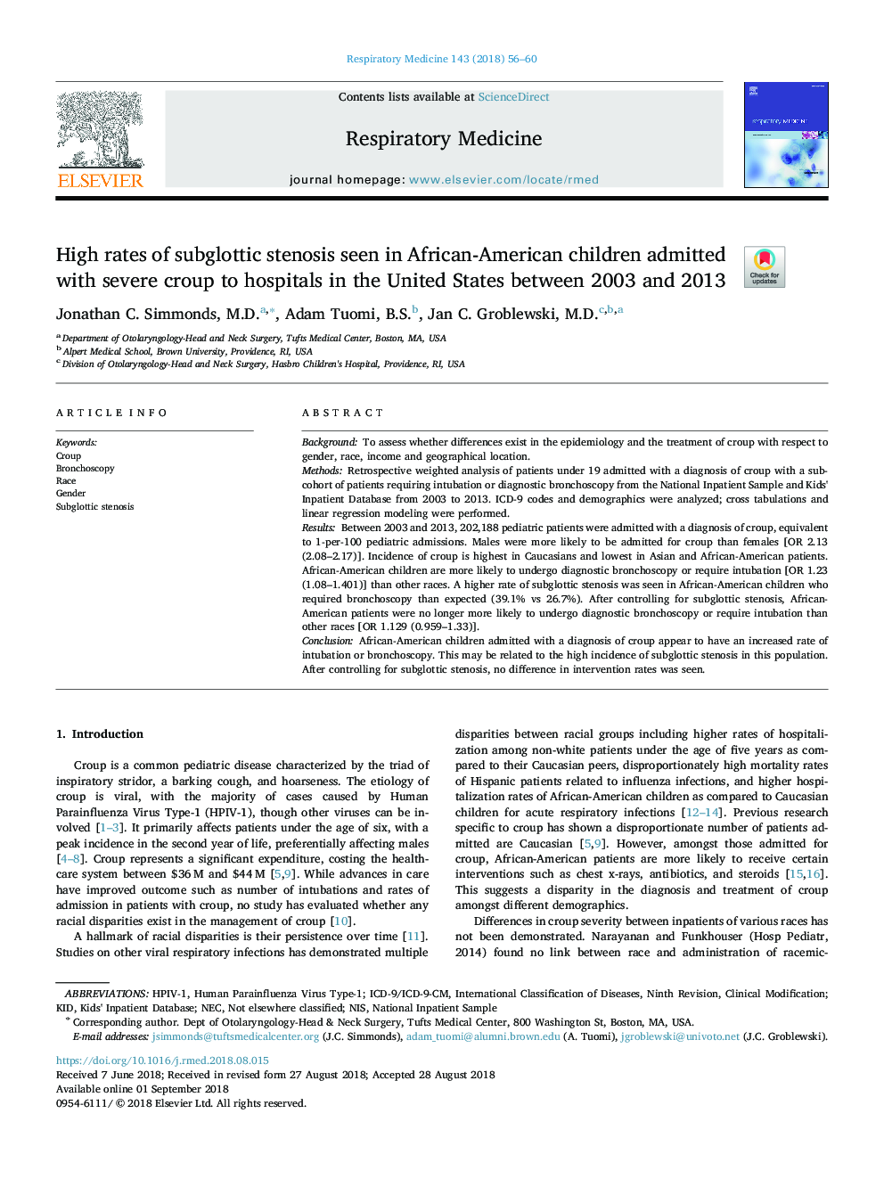 High rates of subglottic stenosis seen in African-American children admitted with severe croup to hospitals in the United States between 2003 and 2013