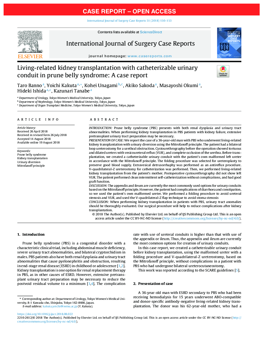 Living-related kidney transplantation with catheterizable urinary conduit in prune belly syndrome: A case report