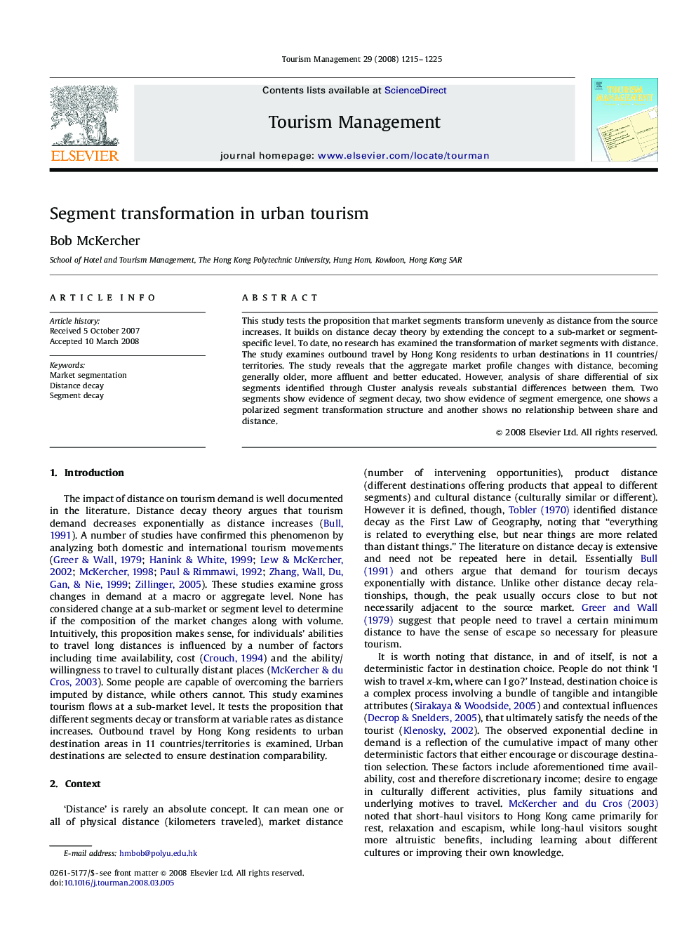 Segment transformation in urban tourism