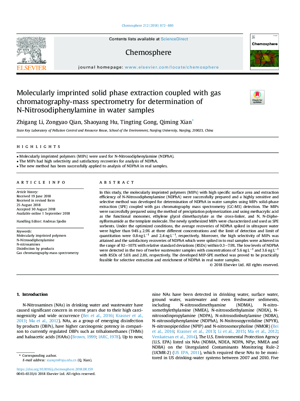 Molecularly imprinted solid phase extraction coupled with gas chromatography-mass spectrometry for determination of N-Nitrosodiphenylamine in water samples