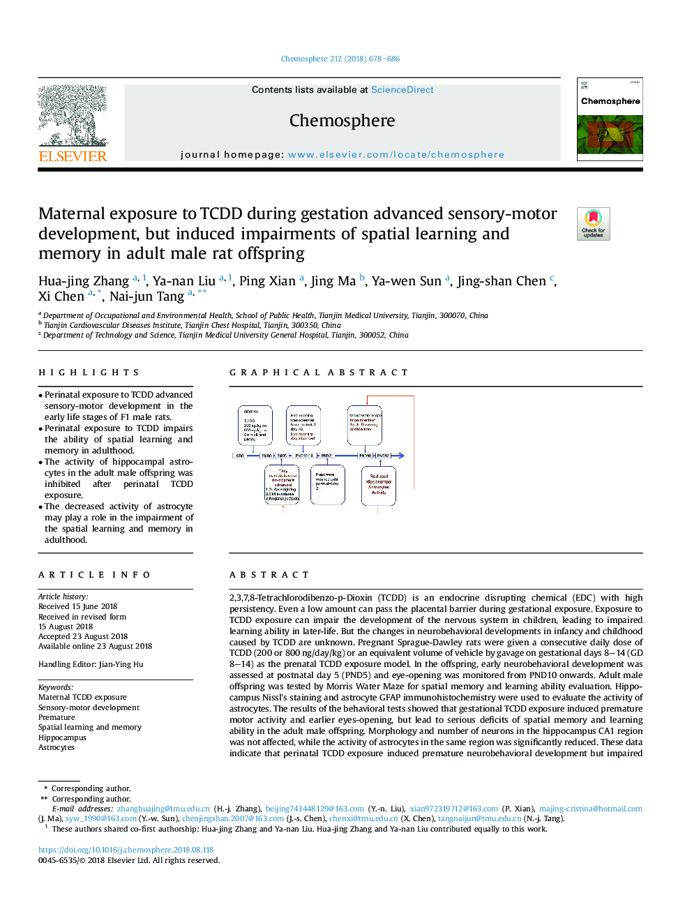 Maternal exposure to TCDD during gestation advanced sensory-motor development, but induced impairments of spatial learning and memory in adult male rat offspring