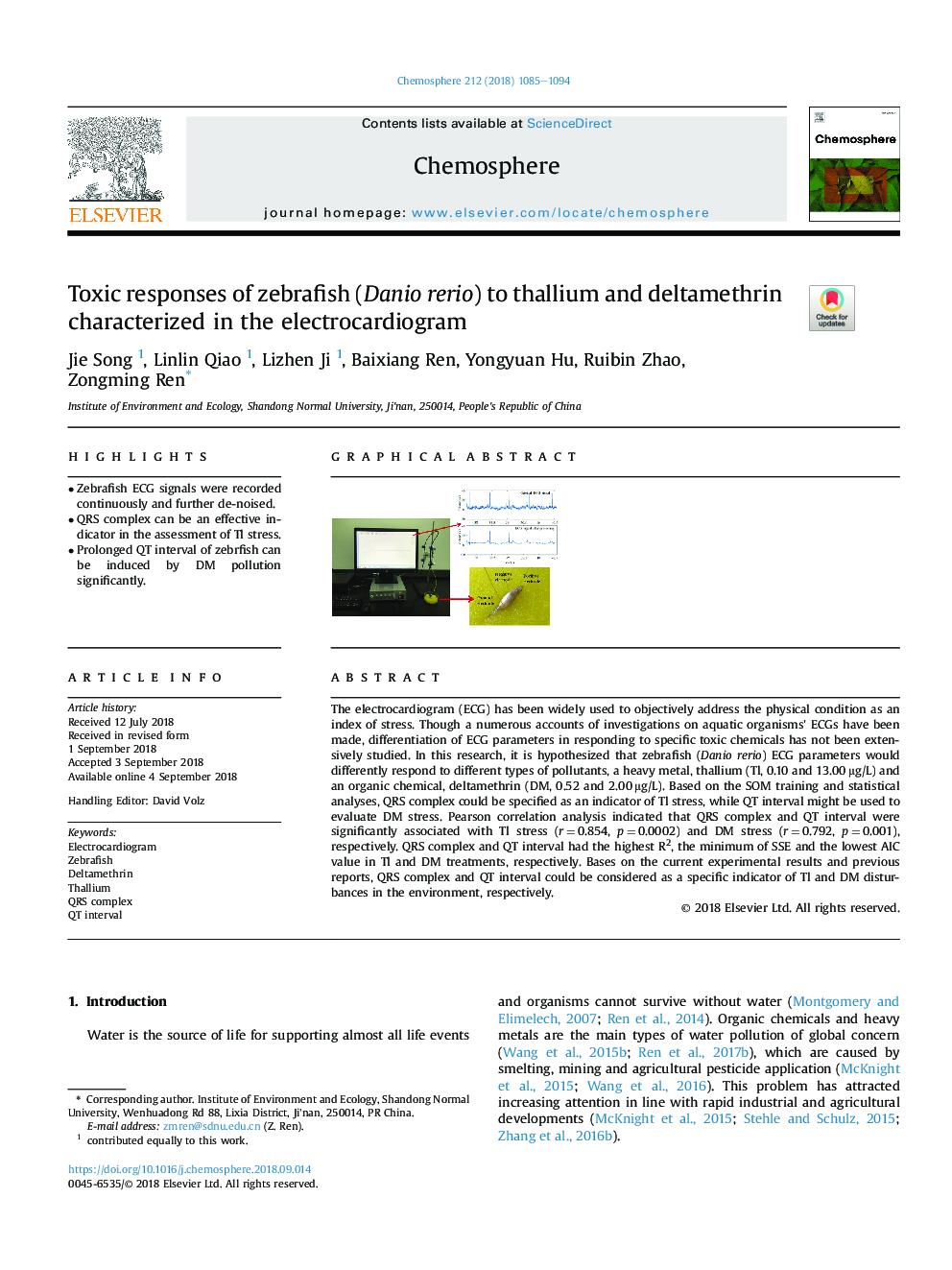 Toxic responses of zebrafish (Danio rerio) to thallium and deltamethrin characterized in the electrocardiogram