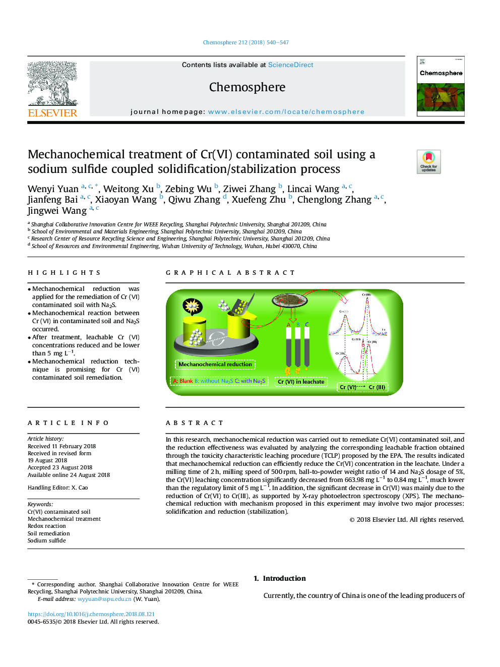 Mechanochemical treatment of Cr(VI) contaminated soil using a sodium sulfide coupled solidification/stabilization process